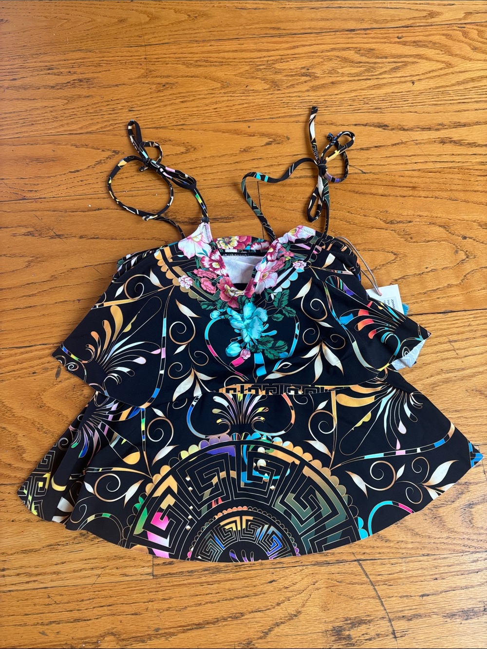 Johnny Was Black Floral & Geometric Ruffle bathing suit top Multicolor